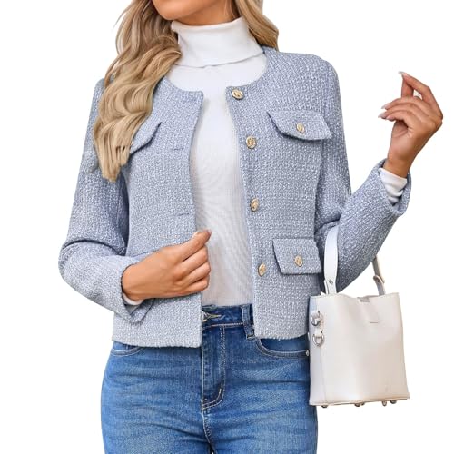 Women's Tweed Blazers Jackets Casual Long Sleeve Button Down Business Short Casual Cropped Coats