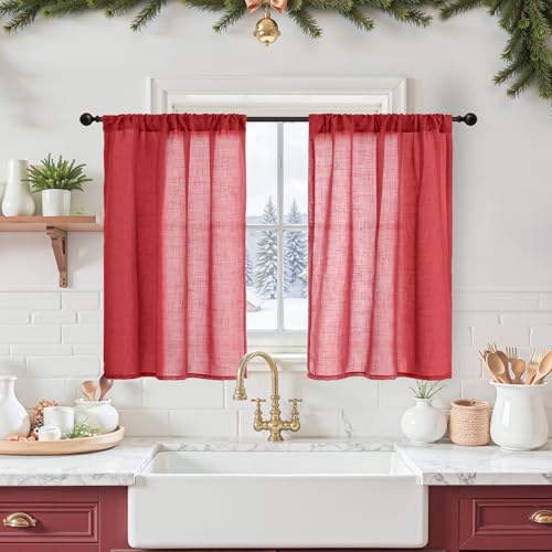 Image of BGment Red Linen Cafe Curtains 36 Inch Length, Small Half Drapes Semi Sheer for Kitchen Window Over Sink Bathroom with Rod Pocket Lightweight, 2 Panels Set, Each 24 Inch Wide