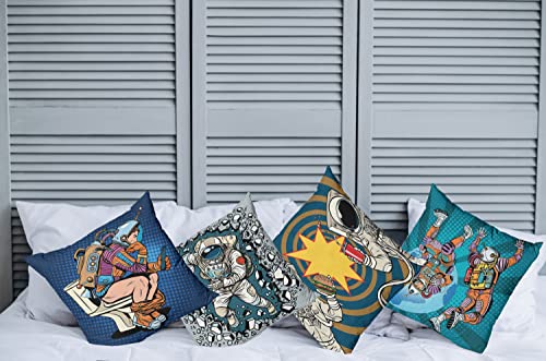 Ambesonne Pop Art Throw Pillow Cushion Case Pack Of 4, Retro Funny Cosmic Astronauts In Cosmic Style Outer Space Modern Illustration, Modern Accent Double-Sided Digital Printing, 24", Multicolor Blue #TOP2