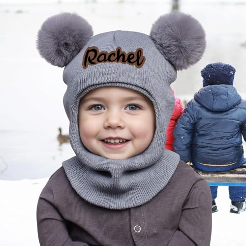 Custom Baby Toddler Winter Hat Scarf Set, Personalized Name Pom Beanie Snow Hat with Fleece Lining2