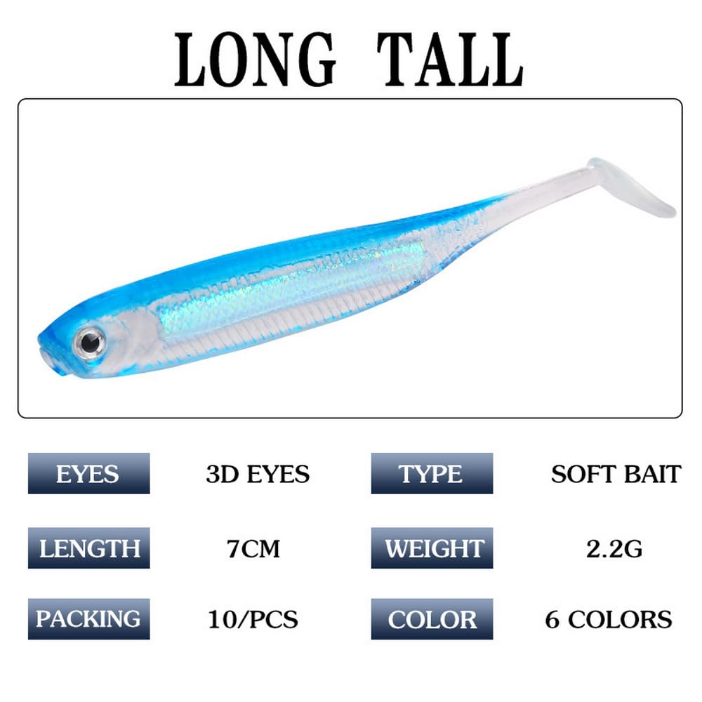 PVC Shad Colorful Reflective Soft Bait(7cm/2.75in,2.2g/0.077oz./pcs 6 Options de Couleur)