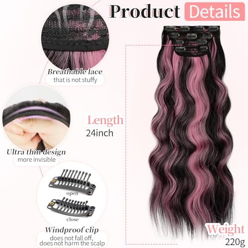Image of KooKaStyle Wavy Thick Clip in Hair Extensions 24 inch Natural Black Pink | Natural Volume & Seamless, 4 Pieces Clip in Extensions,Fiber Double Weft Hairpieces,Wave Long Synthetic Hairpiece for Women