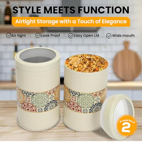 Image of Mandala Collection Airtight Kitchen Container Set| 1400ML- Set of 2| Food Grade Metal Jars for Rice, Atta, Besan & Flour Storage| Vacuum Lid, Rust Resistant| Beige Rangoli Canisters