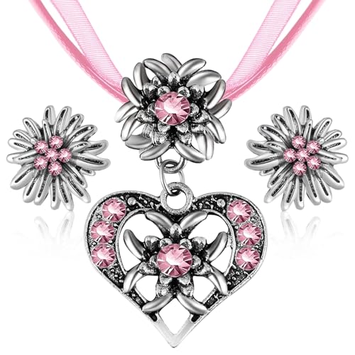 Qintora Set Di 3 Gioielli Per Costume Tradizionale Dirndl, Ciondolo A Forma Di Stella Alpina Con Strass E Orecchini A Bottone Di Stella Alpina Per Donna Pantaloni In Pelle Dirndl (rosa)