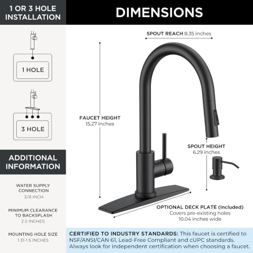 Image of FORIOUS Black Kitchen Faucet with Pull Down Sprayer, Modern Single Hole Kitchen Sink Faucet with Soap Dispenser, Deck Plate, Single Handle, High Arc Stainless Steel for RV Farmhouse Laundry Outdoor