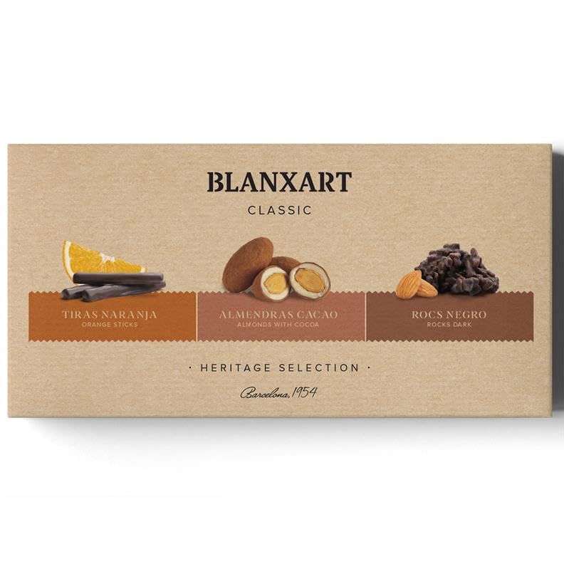 Selección de Tiras de Naranja y Almendras 240g | Blanxar | Chocolate Artesano Gourmet | Con Chocolate Negro, Almendras Caramelizadas y Rocs de Almendra | Sin Gluten