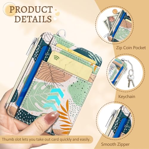 Image of Kelvoris Abstract Leaves Credit Card Holder Small Wallet Women, Slim RFID | Keychain, Zipper Coin Pocket, Front Pocket Thin Travel Card Case, Minimalist, 6 Card Slots, 1 ID Window, Ladies Gifts Woman