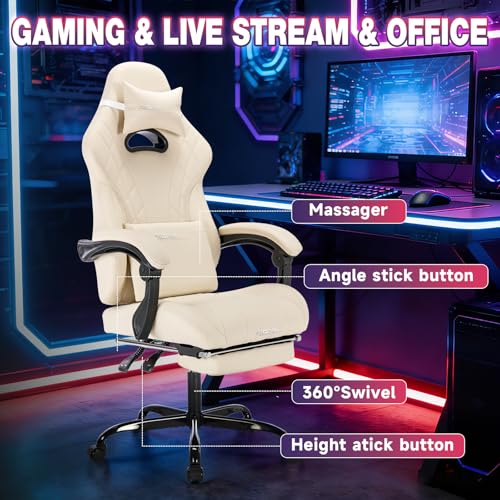 Image of Gaming Chair with Footrest and Massage Lumbar Support, Ergonomic Computer Gamer Chair, Office Video Game Chairs with Adjustable Height and Backrest (Beige)