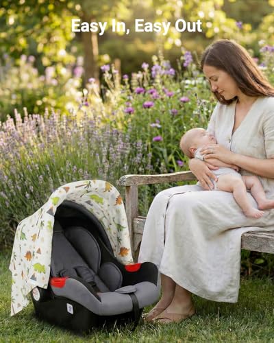 Image of Rquite Baby Boy Car Seat Cover, 100% Muslin Cotton Infant Carseat Canopy, Soft Breathable Stroller Sun Shade & Newborn Shower Gift, Large Size Universal Fit Summer, Hot & Warm Weather (Green Dinosaur)