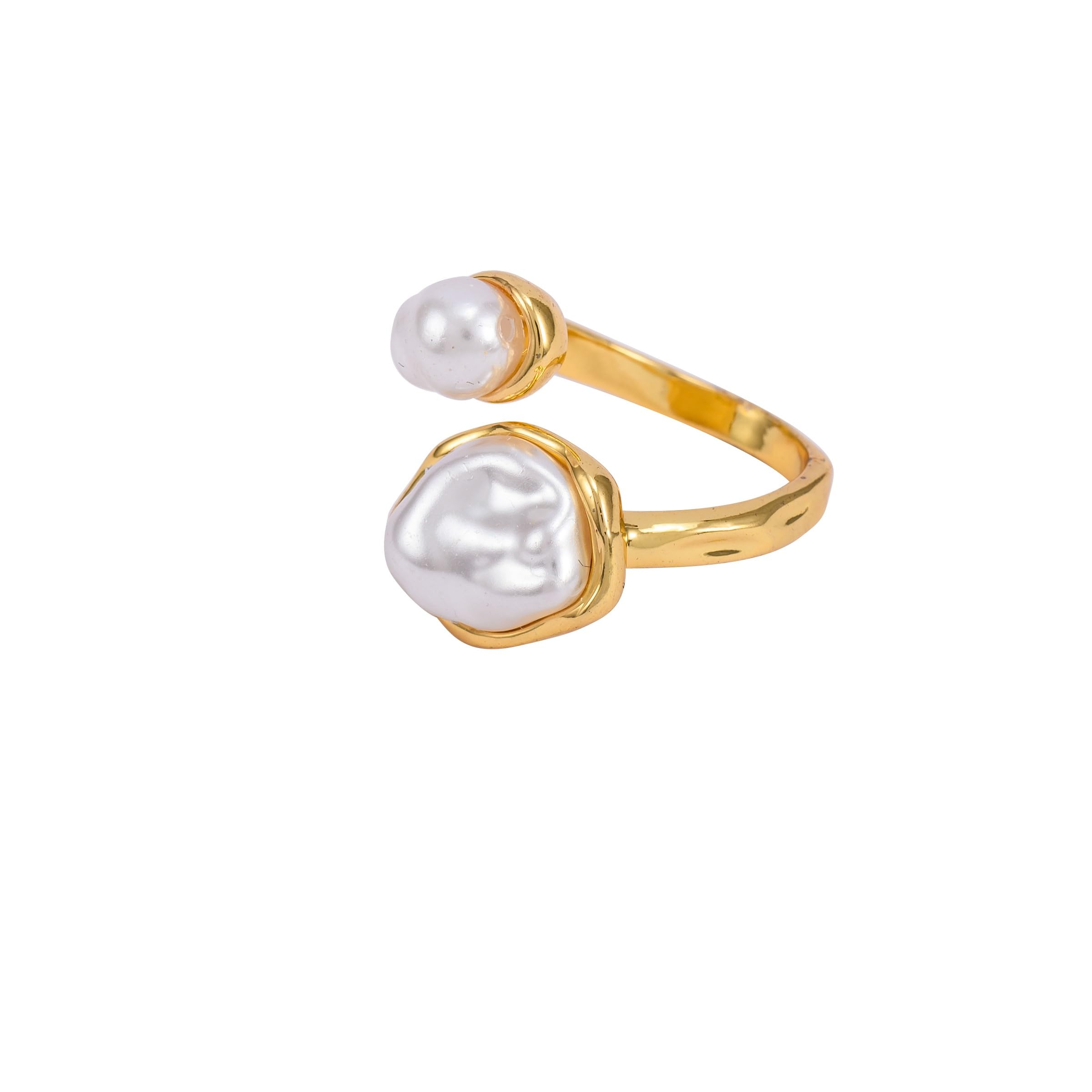 Gold Tone Solid Brass Heavy Designer Dual Pearl Ring for Women | 1.4cm Bold Baroque & Big White Pearl Open Cuff Adjustable Statement Finger Ring | Modern Toi-Et-Moi Style with Large Organic Shape | Luxury Free Size Cocktail Jewelry Gift for Wife | Waterproof Hypoallergenic Accessories for Wedding, Party & Bridal Use-image-35