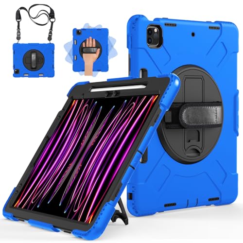 Miesherk Case for iPad Pro 12.9 Inch 6th/5th/4th Generation, Military Grade Heavy Duty Shockproof iPad Pro 12.9 Case - Rotating Stand, Pencil Holder, Hand/Shoulder Strap, Black+Blue