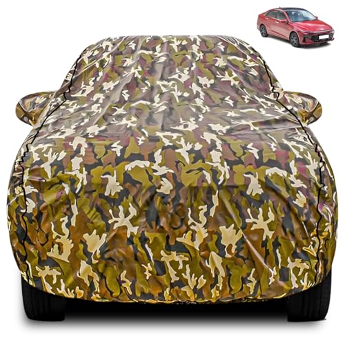 Image of FABTEC Car Body Cover for Hyundai Verna Jungle Print with Soft Cotton Lining Waterproof Car Cover UV & Rain Protection with Mirror Pocket Bottom Elastic (Military /Camouflage Pattern)