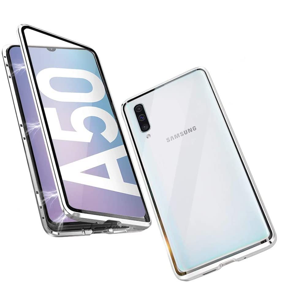 Carcasa de cristal templado para Samsung Galaxy A50, magnético transparente, protección integral, color blanco