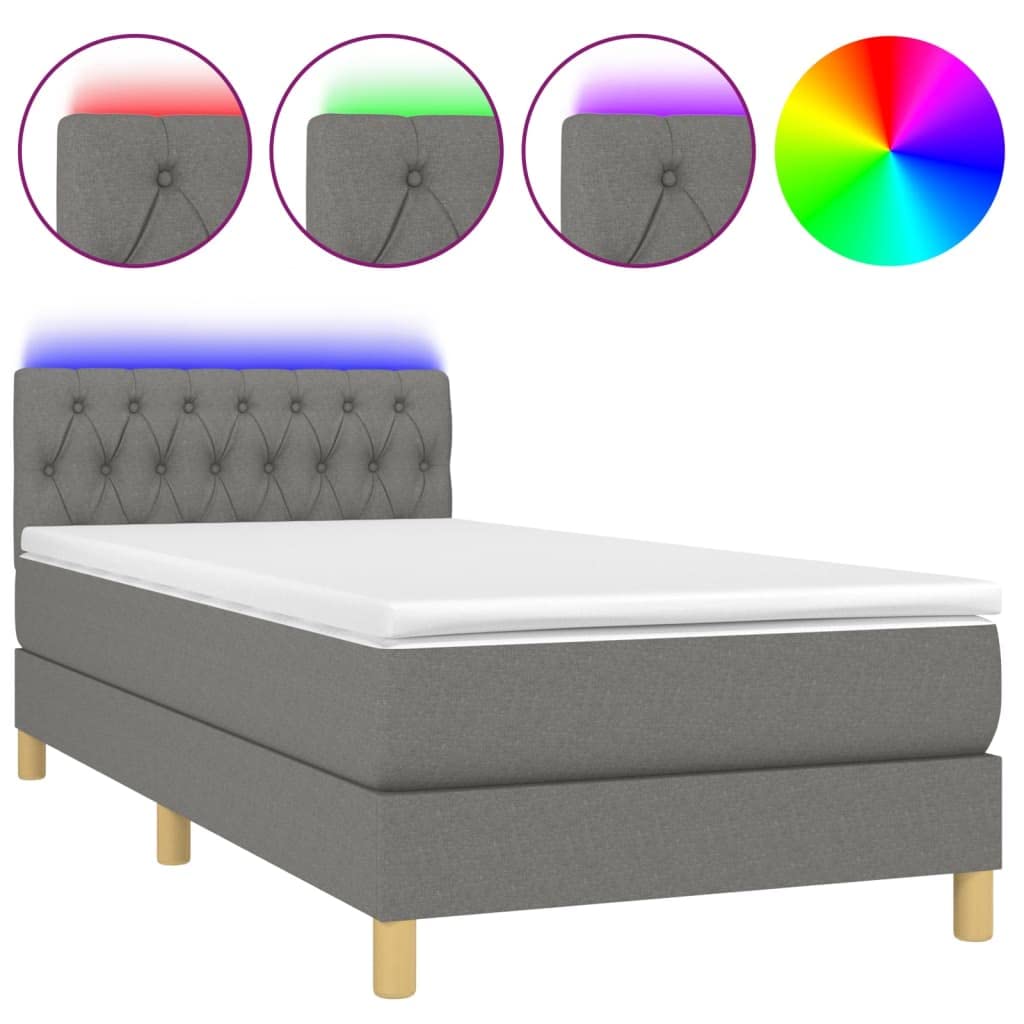 Tkanina z diodami LED regulowany zagłówek szary 100x200cm | Łóżko kontynentalne z materacem sprężynowym LED ciemnoszara tkanina 100x200cm do sypialni regulowany zagłówek