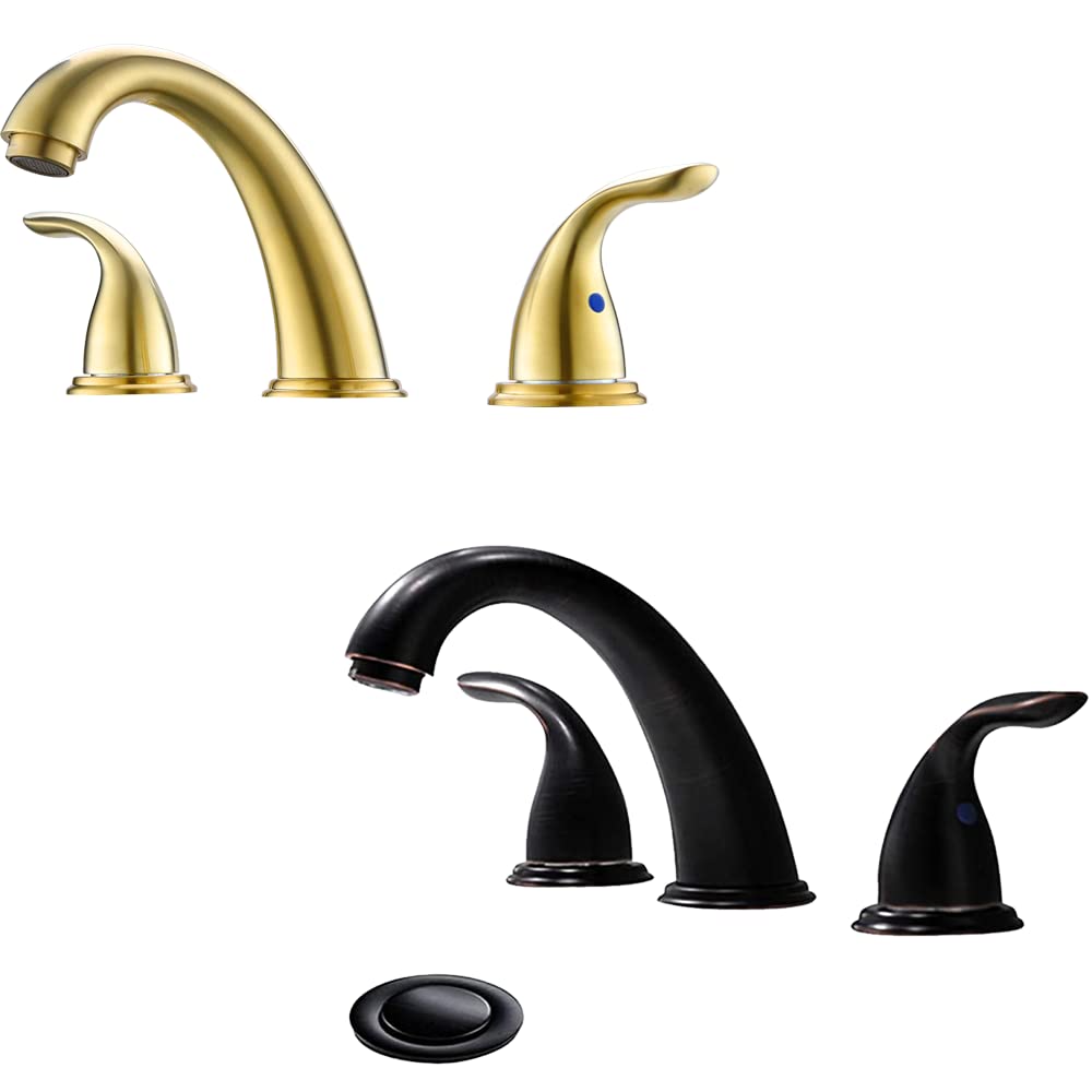 Sxithgkdw Gold/Bronze 2 Handle 8 Inch Widespread Bathroom Faucet With Pop Up Drain And Valve By,Brushed And Oil Rubbed Widespread Lavatory Faucet, Wf008-5-Bg+Wf008-5-Orb