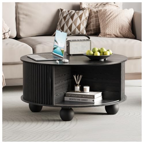 Image of JOINICE 31.5 inch Round Coffee Table with Storage,Unique Bun Feet,Black | Modern Center Table for Living Room,Hidden Storage,Fluted Sliding Door,Solid Wood Legs,Easy Assembly,Up to 110 lbs