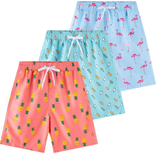 Todbiccz Boys Swim Trunks 3 Pack, Quick Dry Bathing Suit, UPF 50+, Mesh Lining, Beach Shorts for 5-16 Years Pineapple