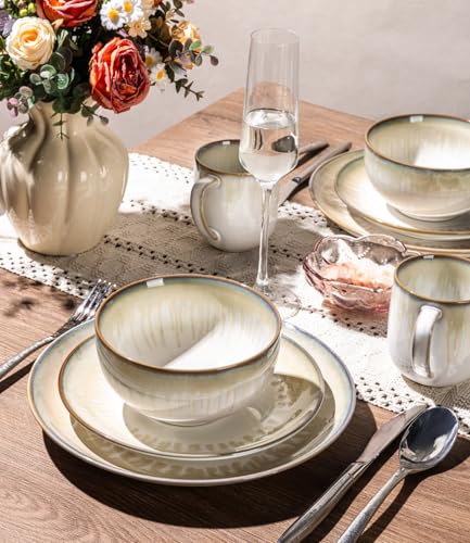 Image of LERATIO Ceramic Dinnerware Sets for 4,Reactive Glaze Plates and Bowls Set with Mugs, Dishwasher,Microwave & Oven Safe Dishes set-Sage Ivory