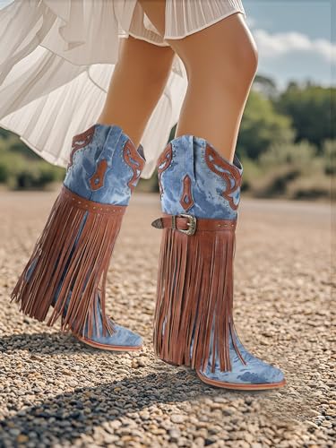 FancyQueen Fringe Cowboy Boots for Women Wide Calf, Fashion Pointed Toe Cowgirl Boots Womens Western Boot, Chunky Heel, Embroidered3