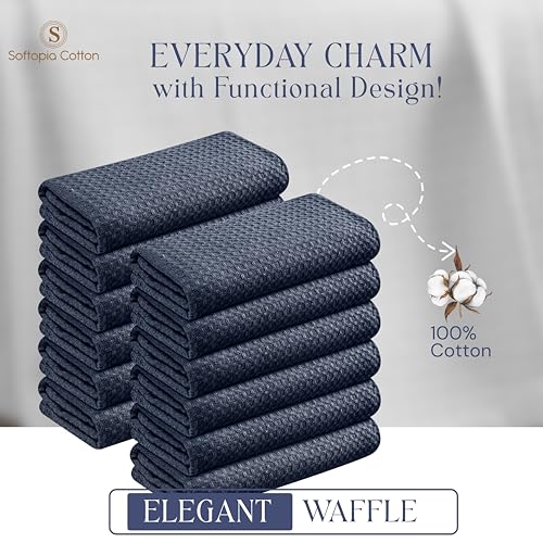 Image of Navy Waffle Kitchen Dish Towels, 100% Cotton, Quick Dry, Super Absorbent, Soft, Lint-Free, 16x26 Inches - Ideal for Dish Drying, Tea, Cleaning, and Everyday Use, 4 Pack, Navy Blue