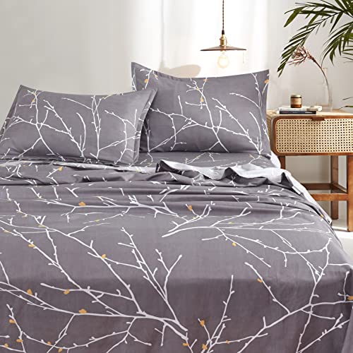 LRZG Zweige-Bettlaken-Set, Queen-Size-Größe, Baummuster gedruckt auf grau-grauem Bettlaken-Set, 4-teilig, 100 % Polyester, weich, atmungsaktiv, knitterarm und langlebig Cover