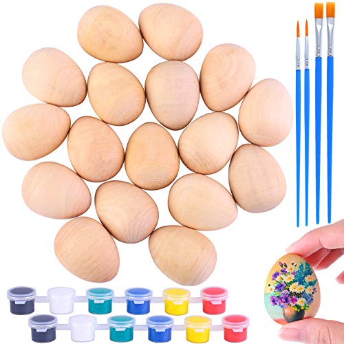 ADXCO 16 huevos de madera sin terminar de madera falsos pequeños sin pintar huevos de Pascua con pinceles y pinturas para Pascua herramienta DIY Cover