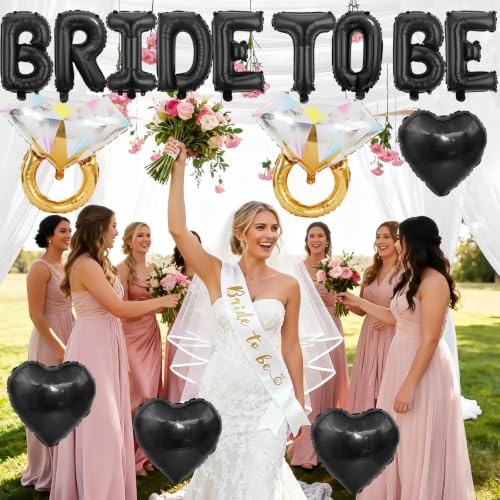 Image of Black Bachelorette Party Decorations, Black Bride to Be Banner Heart Balloons with Diamond Ring Foil Balloon, Gold Bride to Be Sash&Veil for Bachelorette Engagement Gift Bridal Shower Party Supplies