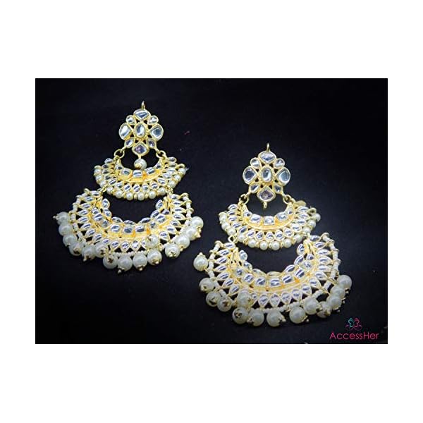 Accessher Gold Plated Traditional Chandbali Style Kundan and Pearls Embedded Statement Dangle Earrings with Push Back Closure for Women and Girls - Image 4