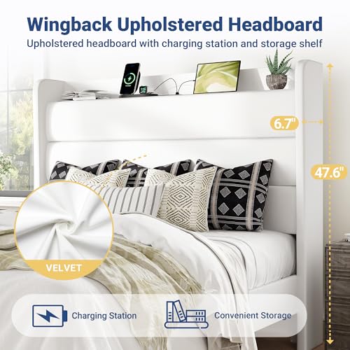 Image of Allewie Full Size Upholstered Bed Frame with Charging Station, White