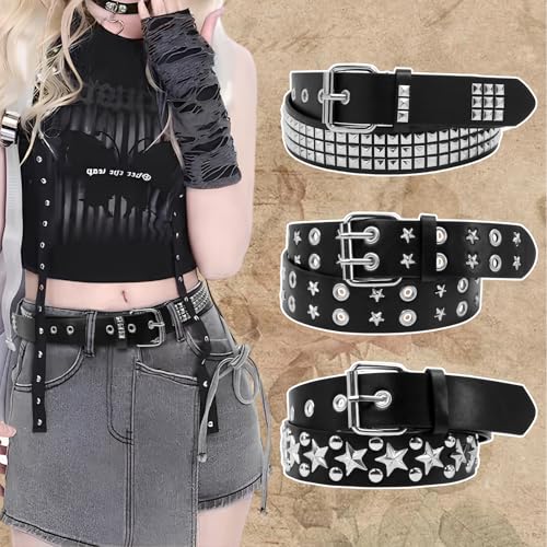 3Pcs Black Studded Belt Set, Y2K Star Belt Gothic Punk Rock Belt with Metal Pyramid Grommets for Women & Men2