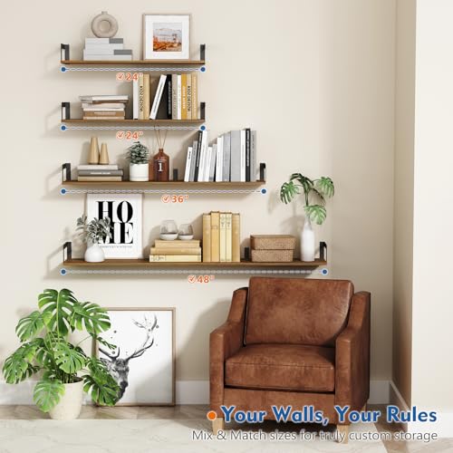 Floating Book Shelves for Wall 3-Pack, 24 Inch Long Wall Mount Bookshelf for Bedroom, Rustic Farmhouse Wood Hanging Bookshelves for Living Room Office Books Plants (Dark Brown) - Image 4