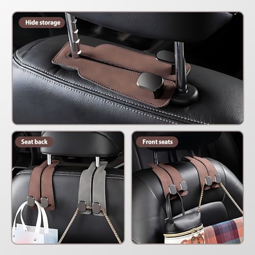 2026 New Car Seat Headrest Hooks for Purses and Bags - Support Car Headrest Hooks for Purses and Bags Coat, Leather Car Bag Purse Holder with Double Hooks (Brown-2PC) - Image 4