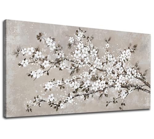 Image of VEAEE White Blossom Branches Wall Art - Floral Canvas Prints Living Room Decor Abstract Flowers Painting Canvas Pictues, Contemporary Artwork Bedroom Office Kitchen Wall Decor Ready to Hang 29 inchx58 inch