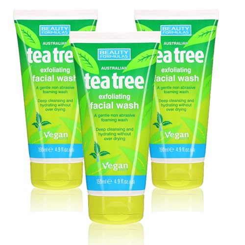 Beauty Formulas Tea Tree Face Wash - Salicylic Acid & Exfoliating Deep Cleansing Foaming Face Cleanser for All Skin Types - Face Exfoliator Facial Cleanser for Teen Women Men 3 pack+Cheeroo Magnet
