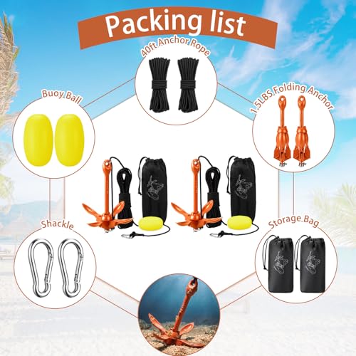 Image of Lounsweer 2 Pack 1.5 /3.5 lb Marine Kayak Anchor Kit Folding Grapnel Anchor Kit Boat Kayak Fishing Accessories for Small Boats Kayaks Canoe Paddle Boards