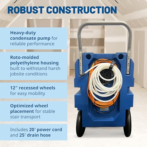 Image of BlueDri BDX-150 175PPD Industrial Commercial LGR Dehumidifier with 25-Foot Drain Hose for Job Sites, Coverage area of 15,000 Cubic Feet, Water Damage Restoration Equipment, Blue