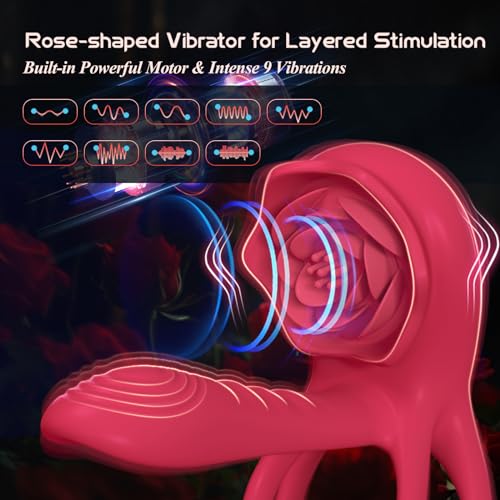 Image of Vibrating Cock Ring Penis Sleeve with Rose Clitoral Stimulator, Penis Ring Vibrator Couples Adult Sex Toys for Men Women, Male Female Couple Sex Toy with G Spot Clitoris Vibrator