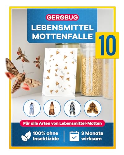 GEROBUG Lebensmittelmotten-Falle - 10 x geruchlose Pheromonfalle zum Fangen von Motten in allen Räumen - insektizidfreie Lebensmittel-Mottenfalle mit über 12 Wochen Langzeitwirkung