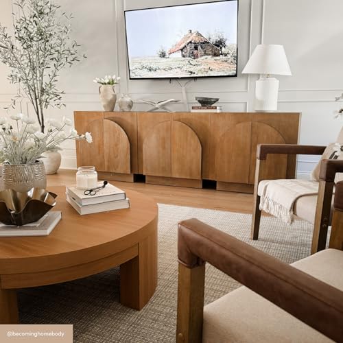 Image of Nathan James Iris Mid-Century Modern Wood Accent Cabinet Sideboard Credenza TV Stand with Arched Cabinet Doors and Adjustable Shelves for Kitchen or Living Room, Set of 3
