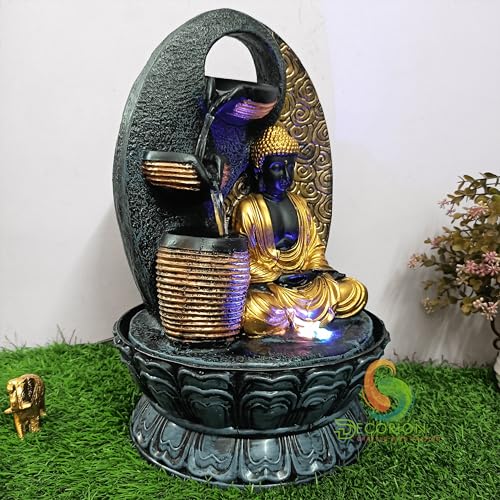 Image of Decorative Table Top Water Fountain for Home Decor /Office /Indoor & Outdoor /Garden /Puja Room /Vaastu with Multicolor LED Light and Adjustable Water Pump (3 Step Diya Buddha)