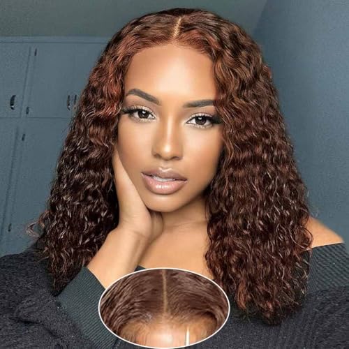 Image of Wear and Go Glueless Wigs Human Hair Pre Plucked Pre Cut Chocolate Brown Lace Front Wigs for Black Women 180 Density Water Wave Bob Wig Human Hair Colored Curly Wig (Chocolate Brown Color, 16 Inch)