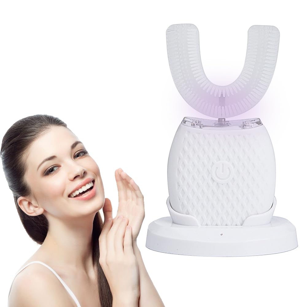 Cepillo de Dientes Ultrasónico Automático, Cepillo de Dientes Eléctrico Ultrasónico Automático de 360° en Silicona Forma de U, 3 Niveles de Intensidad, 45 S Temporizador, IPX7 Impermeable
