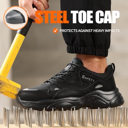Image of GLANOUDUN Steel Toe Work Shoes for Men, Lightweight Black Work Shoes with Puncture Resistant Midsole, Comfortable Safety Footwear for Warehouse Construction