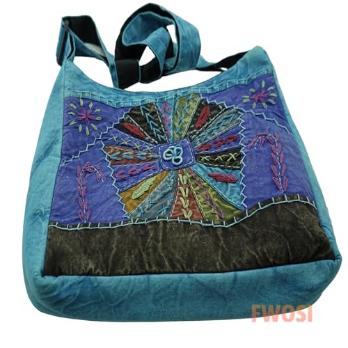 Cotton Crossbody Messenger Bag, Handmade Boho Design, 12 x 11 x 3 inches, 60-inch Strap, Purple and Teal4