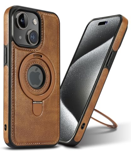VAUSERDY Magnetic for iPhone 14/13 Leather Case Invisible Stand [Compatible with Magsafe] Slim Kickstand Phone Cove (Brown iPhone 14/13)