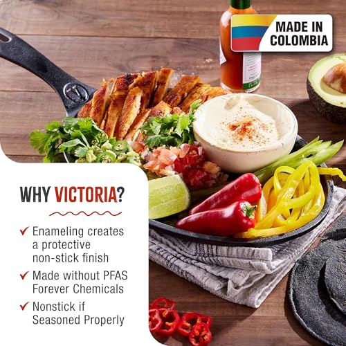 Victoria Fajita Skillet Griddle Pan Enameled Cast Iron Induction 25 x 18 cm, Suitable for Fire, Barbecue, Oven, Hob Ceramic, Gas, Cast Iron Skillet, Toxic Free Without PTFE or PFOA - Image 3