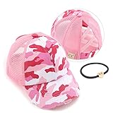 C.C Kids Criss-Cross Elastic Band Ponytail Caps Messy Buns Trucker Plain Baseball Cap (BT-6-KIDS) (KIDS-BT-780) (KIDS-BT-783) (A Crossed Elastic Band-Pink/Camo)