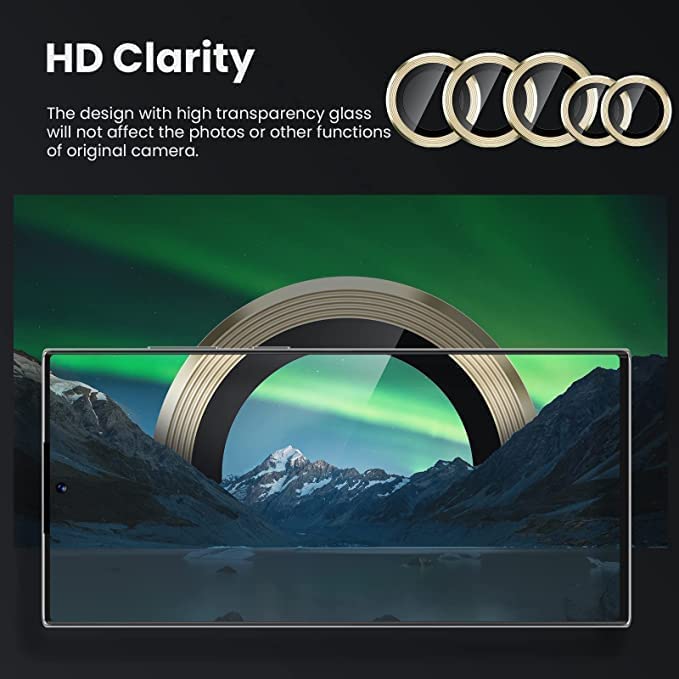 Image of Camera Lens Protector Ring Compatible with Samsung Galaxy S23 Ultra | Tempered Glass + Aluminum Alloy Ring | Full Coverage Lens Guard | Scratch Proof | HD Clear | Case Friendly | Gold