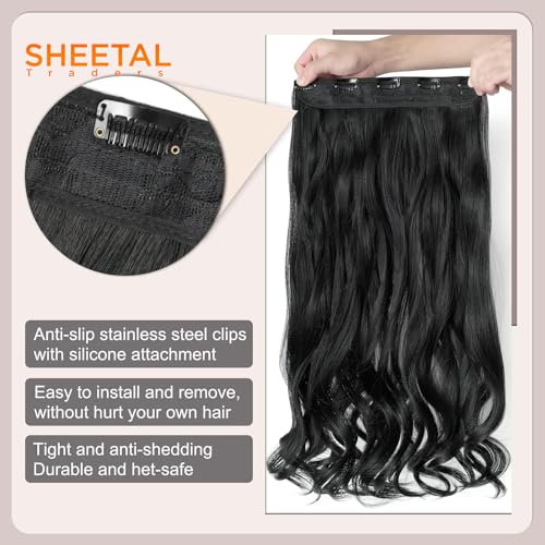 Image of Chaam 26 Inch Cotton Lace 3 /4 Full Head Clip in Synthetic Hair Extension, One Piece Clip in Hair Weft with 5 Clips, Half Head Wavy Hairpiece for Daily Use (Black, 178 Gram)