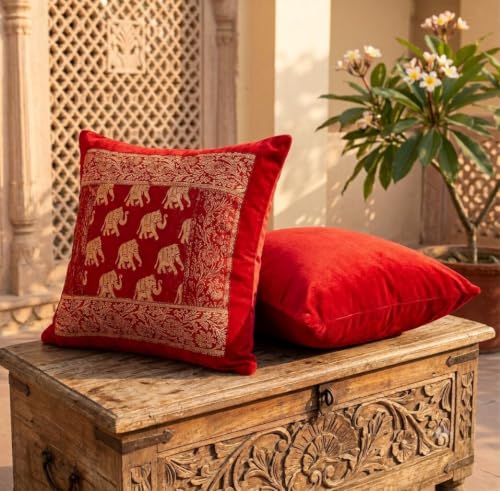 Image of Silk Elephant Printed Red Color Pillow Cover | Jaipuri Traditional Silk Cushion Cover (16 x 16 Inch) | Set of 5